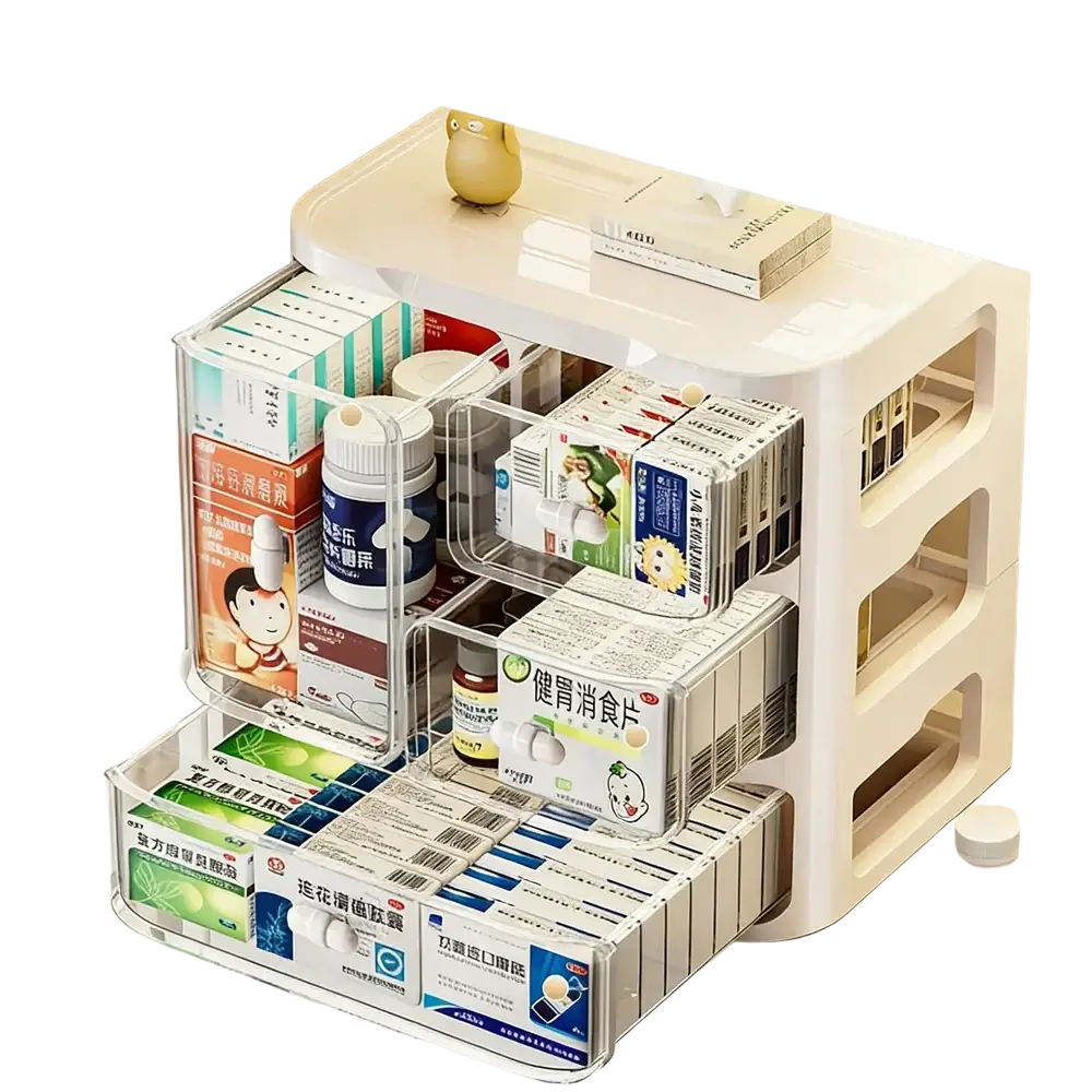White plastic multi-layer medicine storage box with clear acrylic drawers and grid partitions for large capacity organization