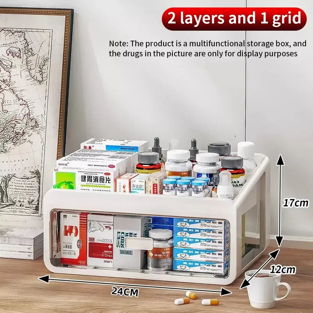 White plastic multi-layer medicine storage box with transparent front panel and large capacity for organized storage