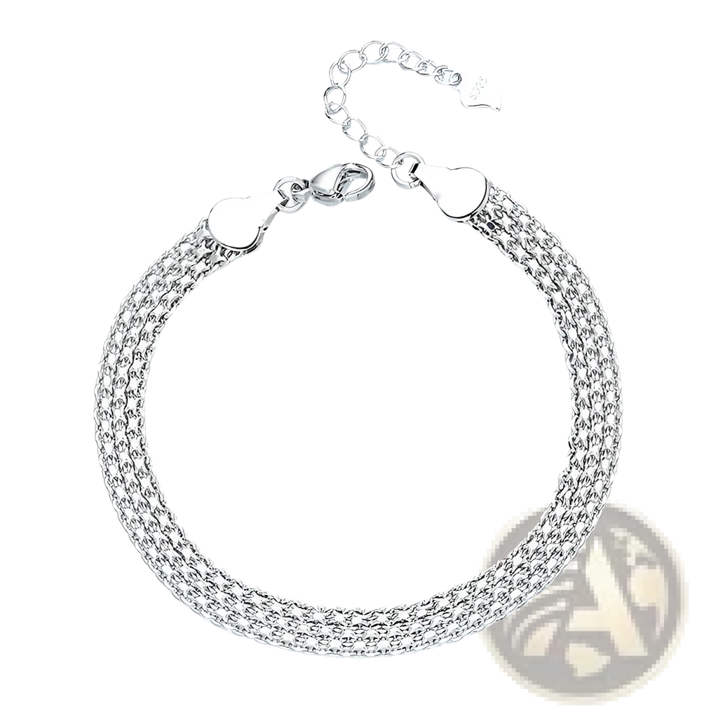 Multi-layer silver mesh bracelet with a sleek interwoven chain design and heart-shaped clasps in silver tone