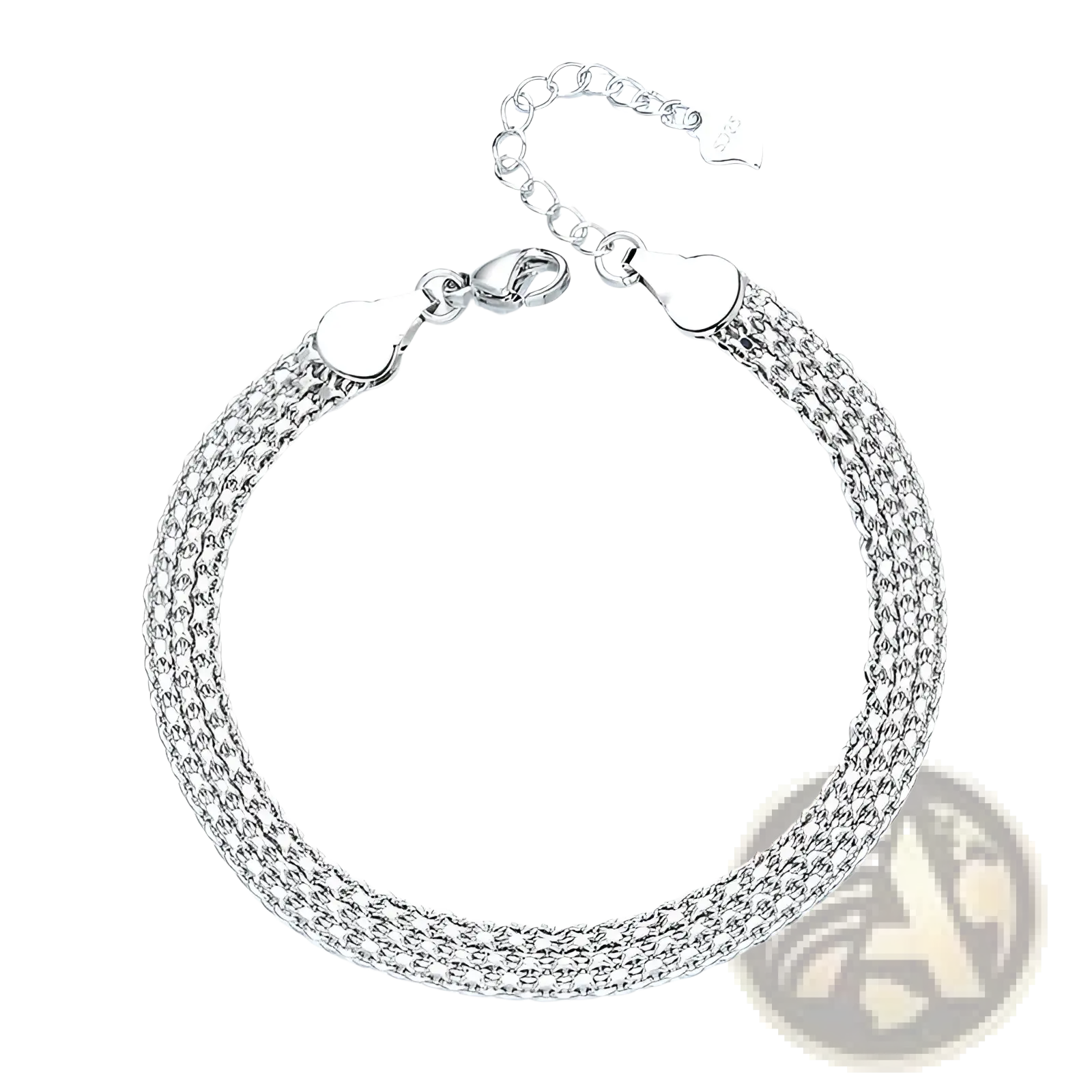 Multi-layer silver mesh bracelet with a sleek interwoven chain design and heart-shaped clasps in silver tone