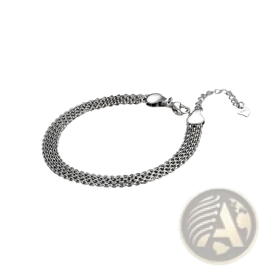 Multi-layer silver mesh heart clasp bracelet with silver-toned multi-strand chain anklet and matching charm