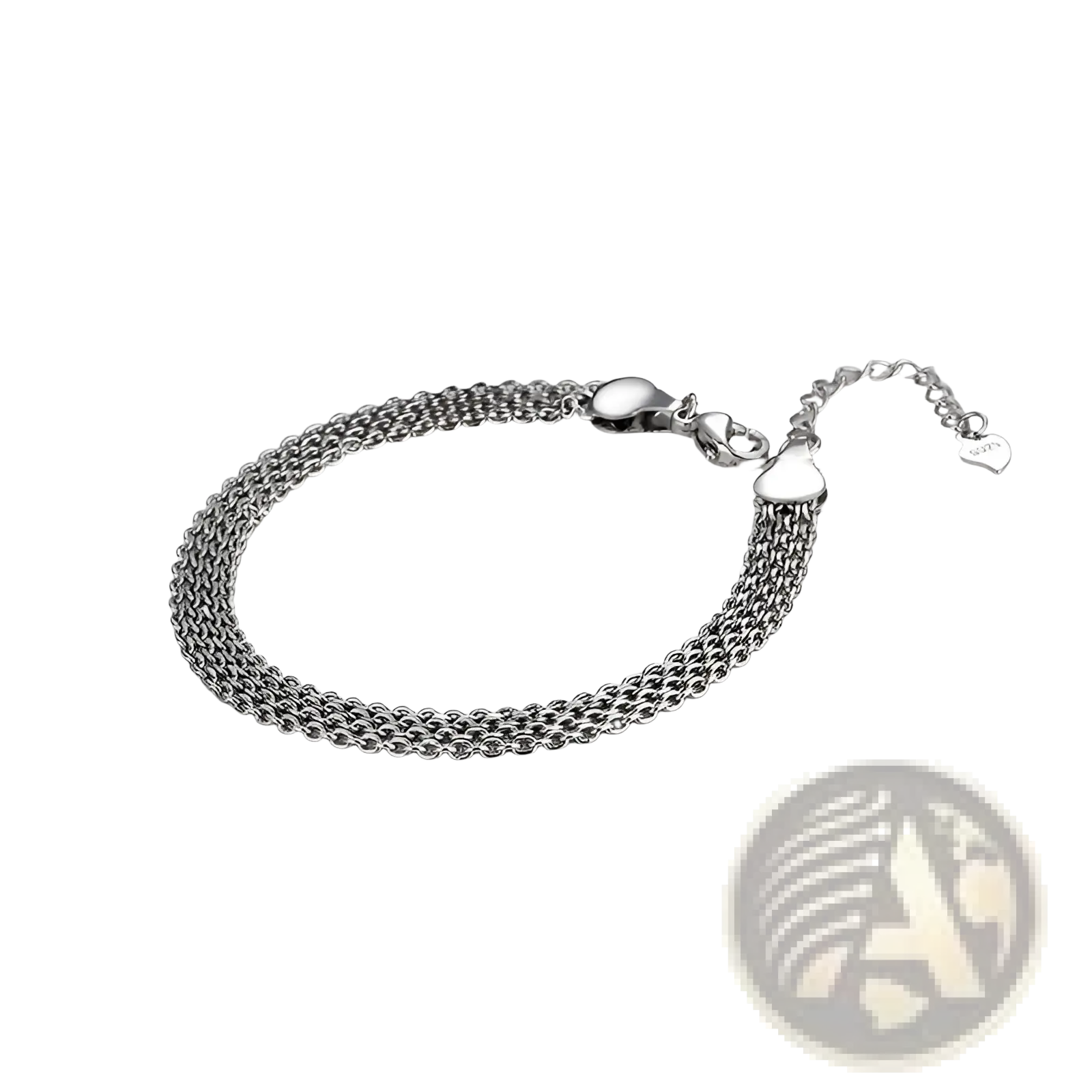 Multi-layer silver mesh heart clasp bracelet with silver-toned multi-strand chain anklet and matching charm