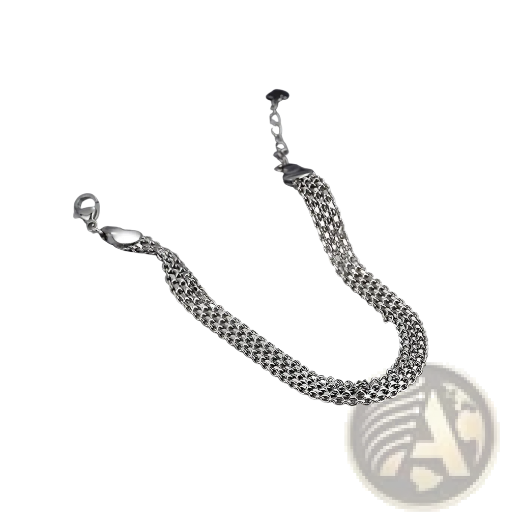 Multi-layer silver mesh heart clasp bracelet featuring a silver-toned multi-strand mesh with an interlocking chain design