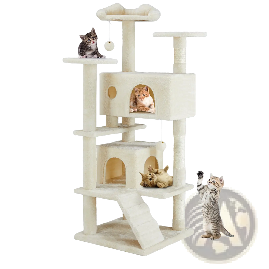 Cream-colored multi-level cat tree with carpeted platforms, sisal scratching posts, and cozy enclosed hideaways