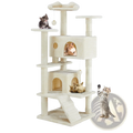 Cream-colored multi-level cat tree with carpeted platforms, sisal scratching posts, and cozy enclosed hideaways
