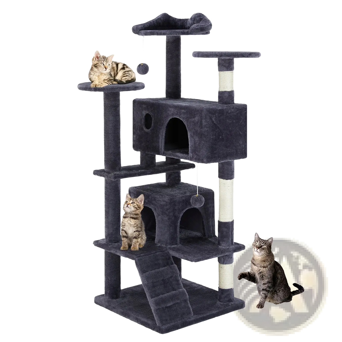 Dark gray plush multi level cat tree with sisal scratching posts, multiple platforms, archways, and top perch