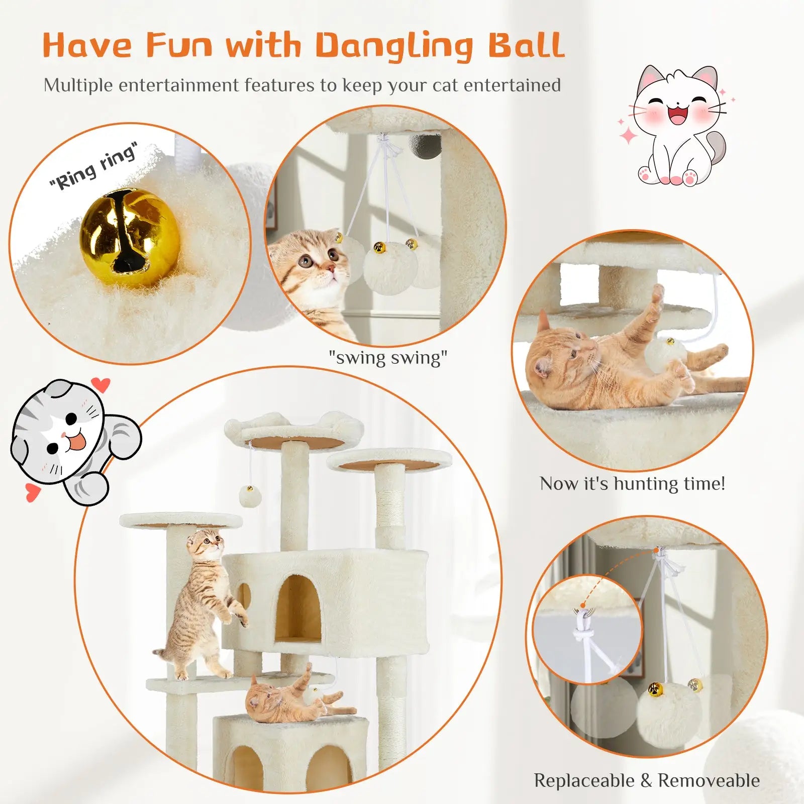 Beige multi level cat tree with sisal scratching posts multiple platforms and dangling golden bells for entertainment