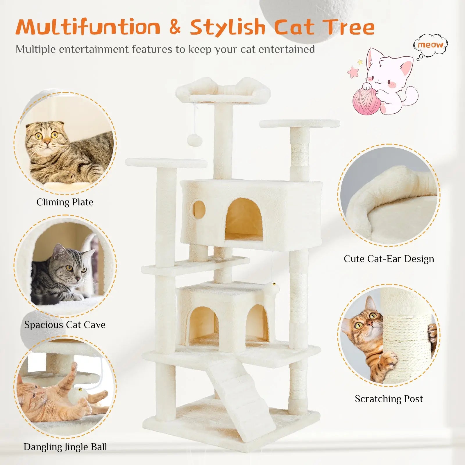 Cream-colored multi level cat tree with sisal scratching posts featuring a playful design with cozy hiding spots