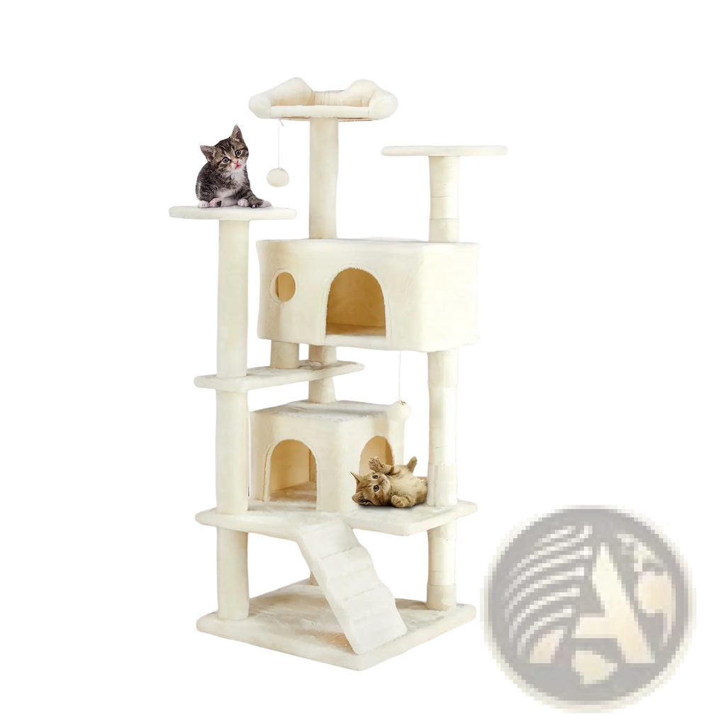 Cream-colored multi level cat tree with carpeted platforms and sisal scratching posts for feline activity
