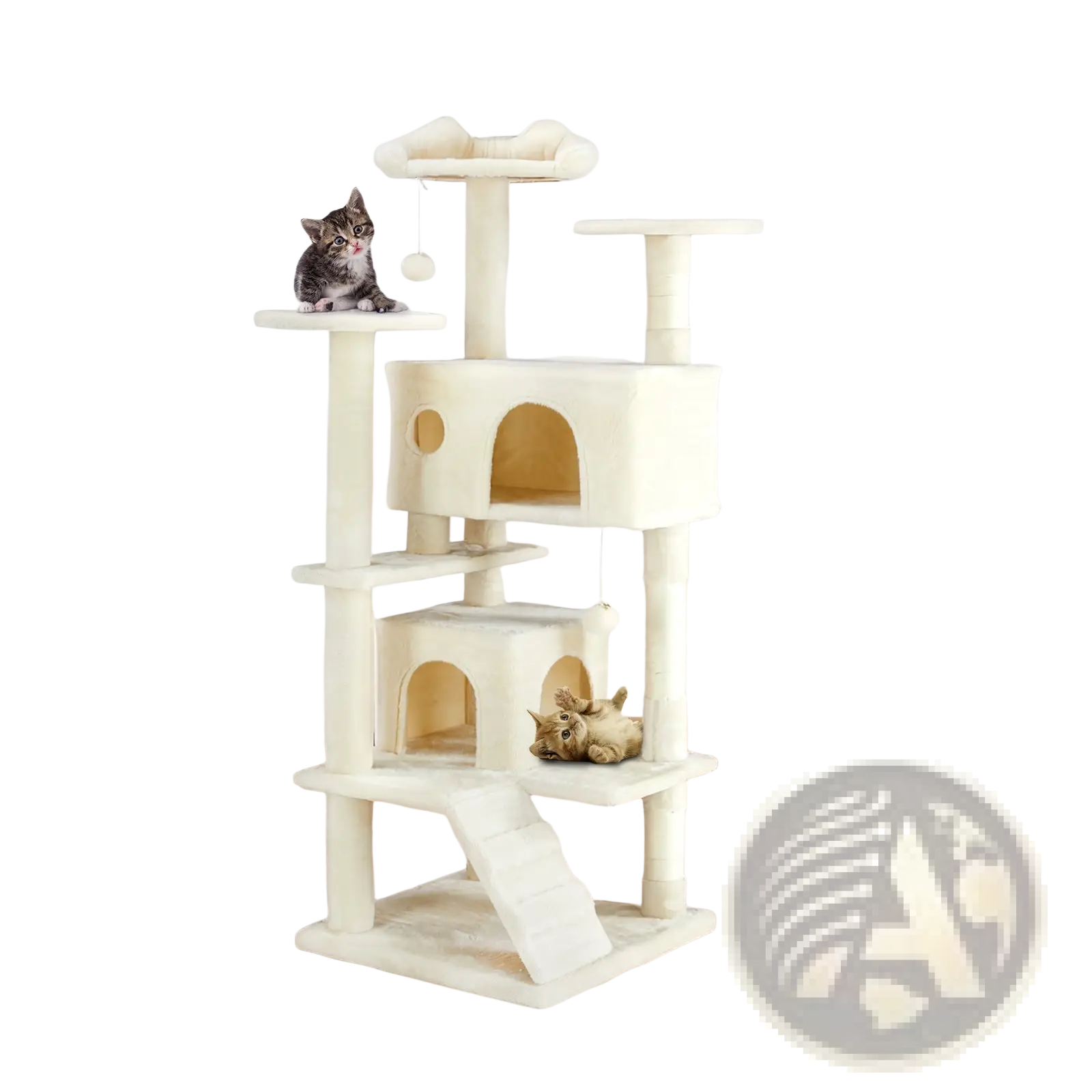 Cream-colored multi level cat tree with carpeted platforms and sisal scratching posts for feline activity