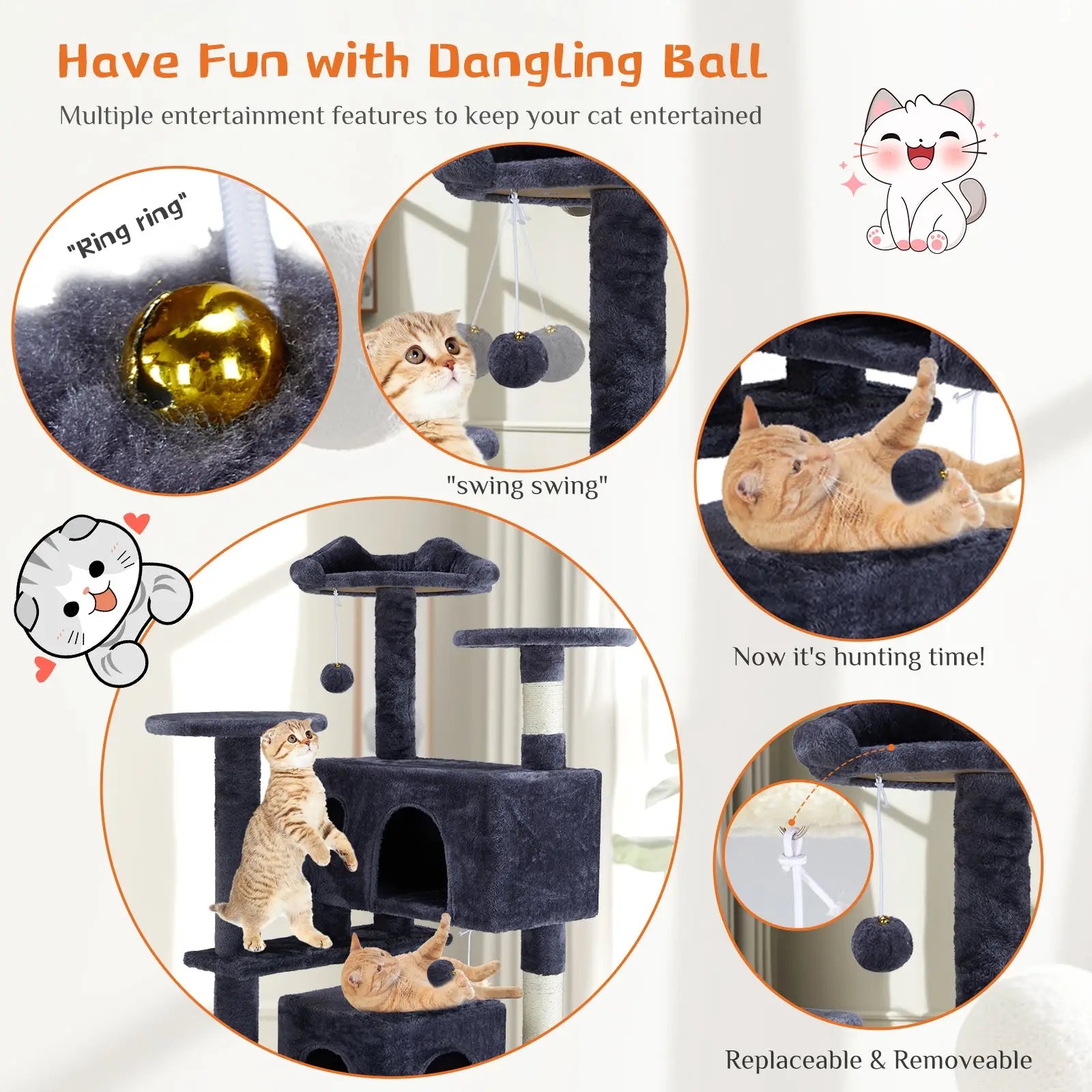 Dark blue multi level cat tree with plush platforms and sisal scratching posts for active cats