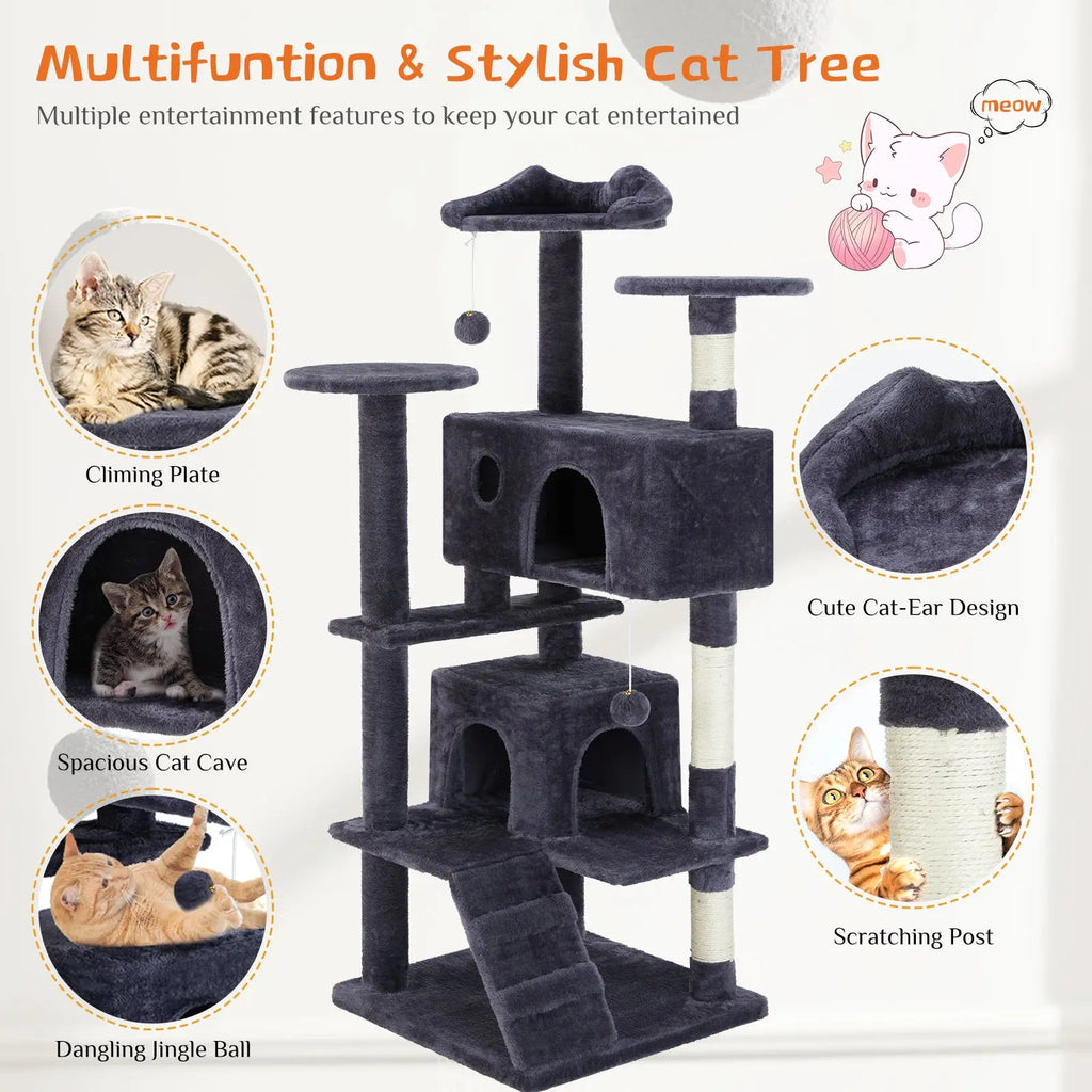 Dark gray multi level cat tree with plush surfaces sisal scratching posts and a cute cat ear design