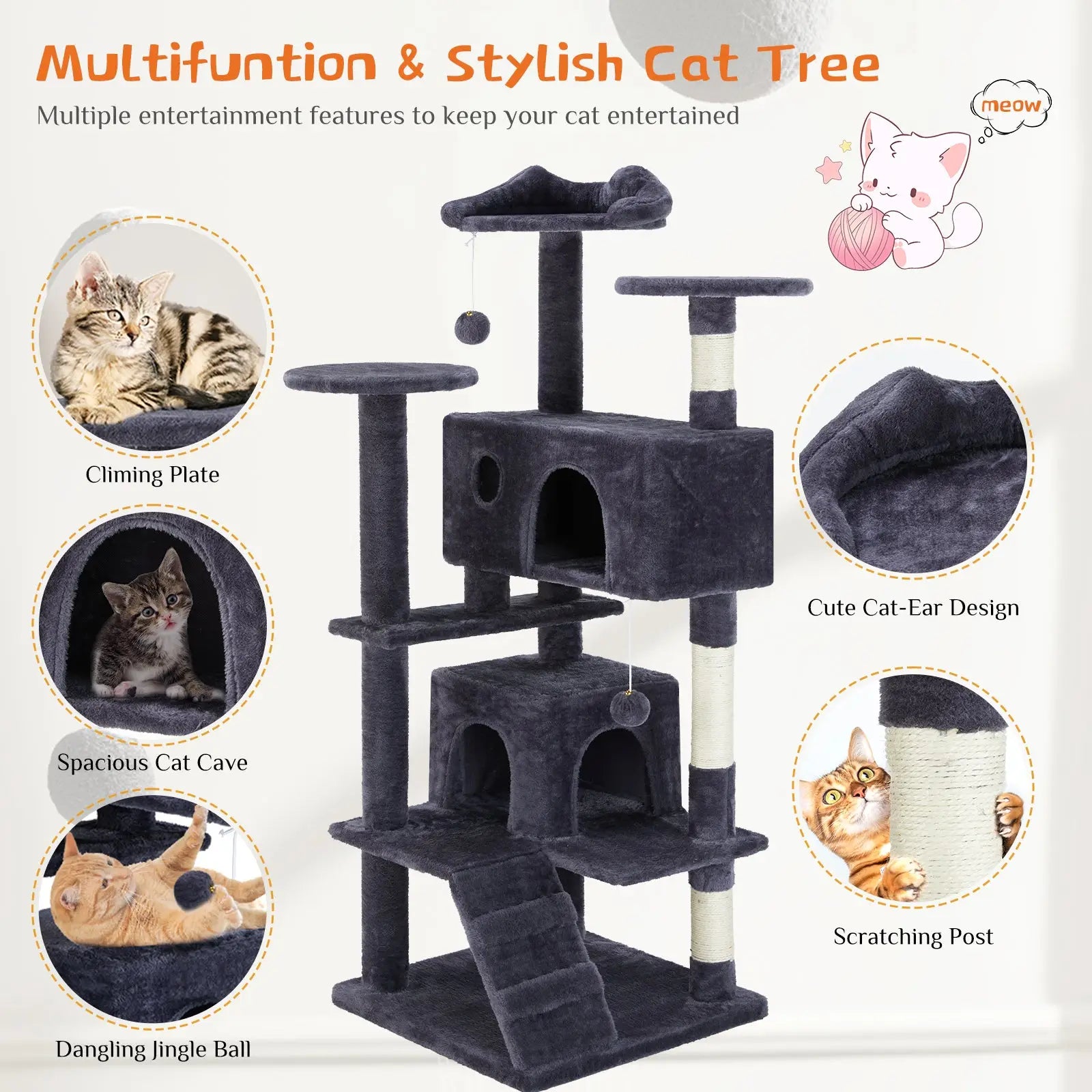 Dark gray multi level cat tree with plush surfaces sisal scratching posts and a cute cat ear design