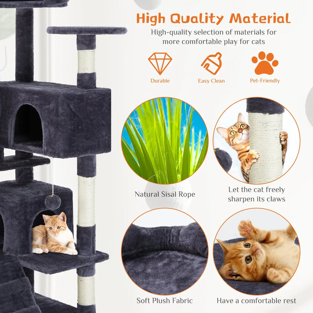 Dark gray multi level cat tree with soft plush fabric platforms and natural sisal rope scratching posts
