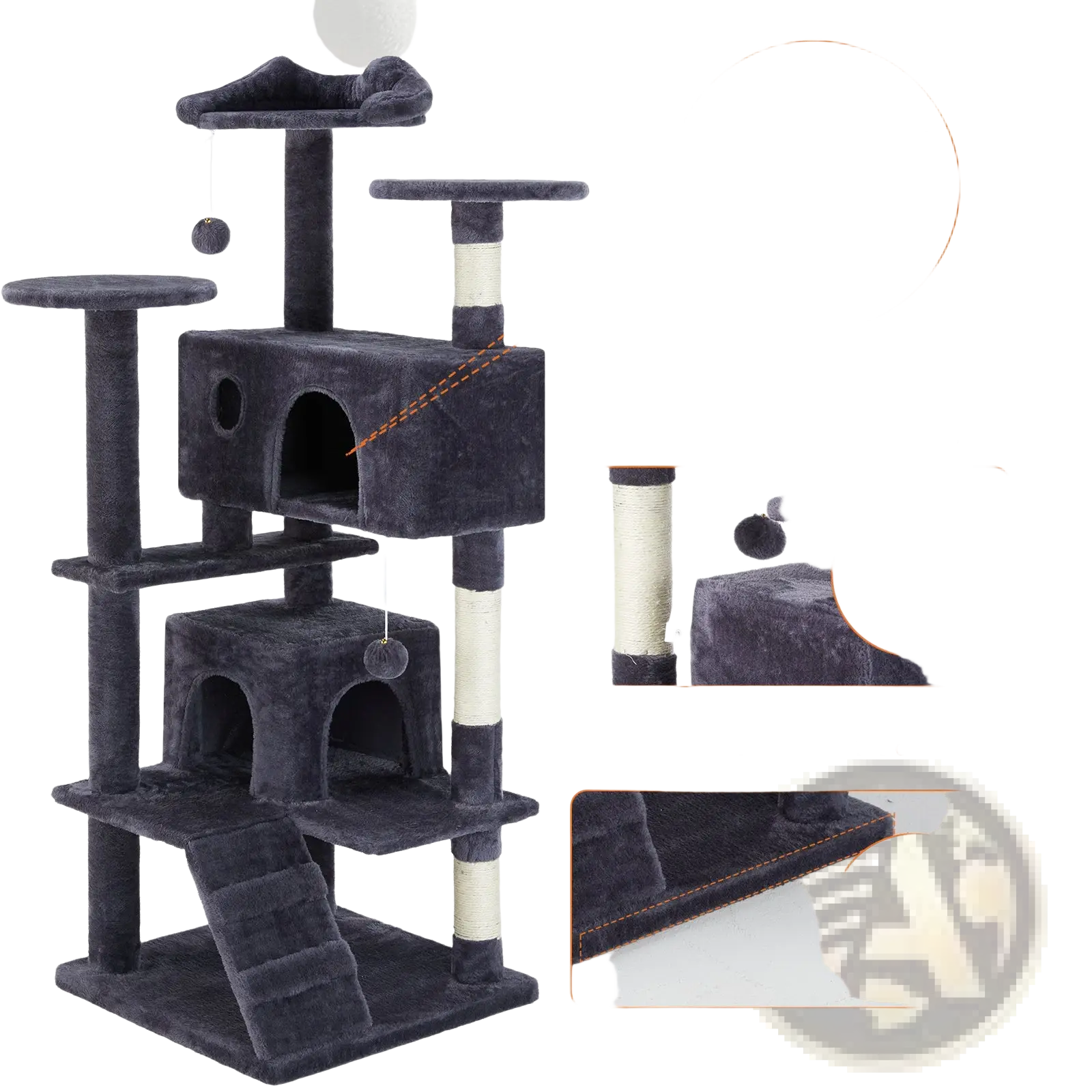 Multi level dark gray plush cat tree with sisal scratching posts and built-in anti-tilt safety device