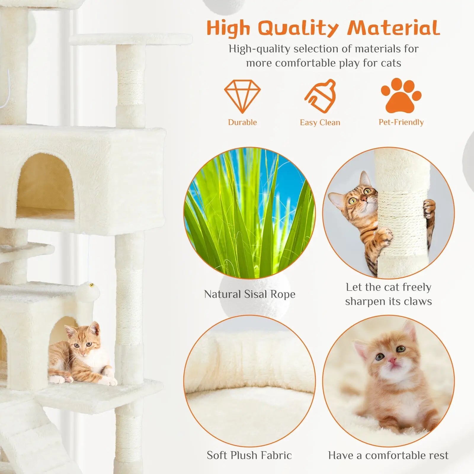White multi level cat tree with natural sisal rope scratching posts and soft plush fabric platforms for cats