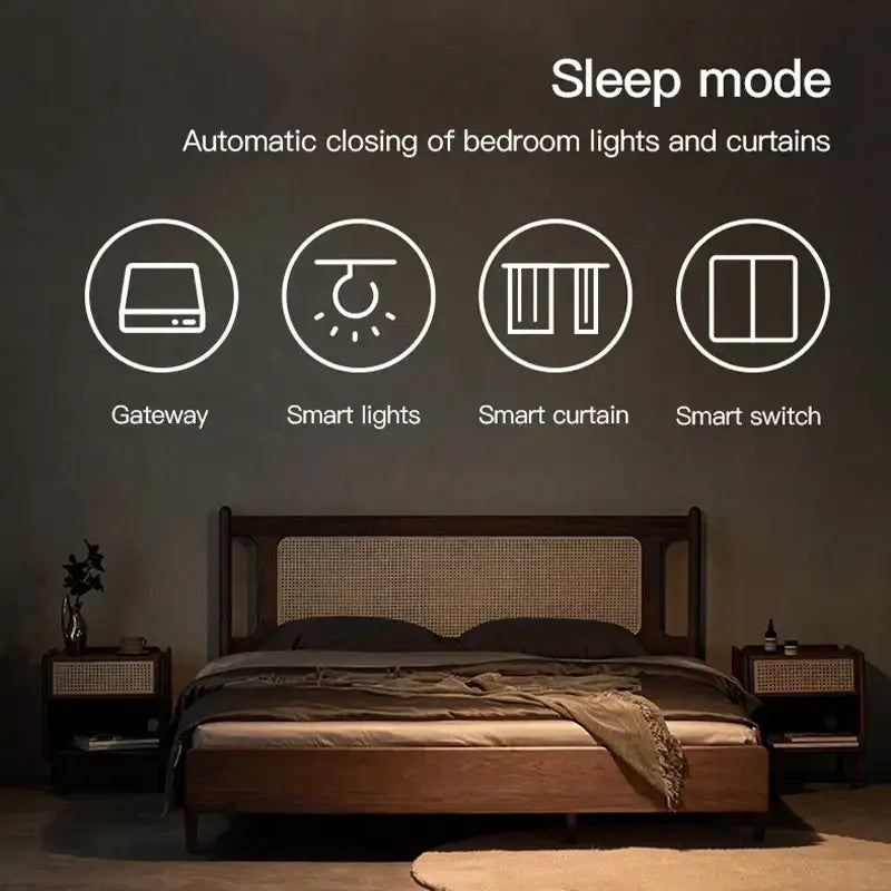 Dark wood bed with woven cane headboard and matching nightstands illustrating smart life multi-mode bluetooth gateway use