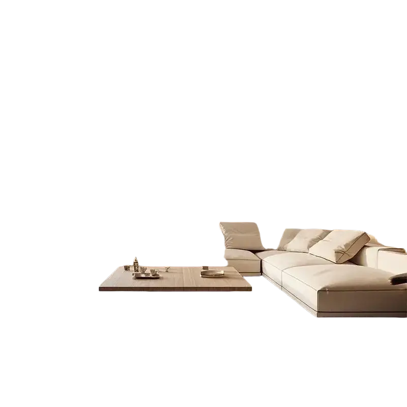 Modern beige sectional sofa with clean lines and plush cushions next to a multi-mode gateway hub for smart life use