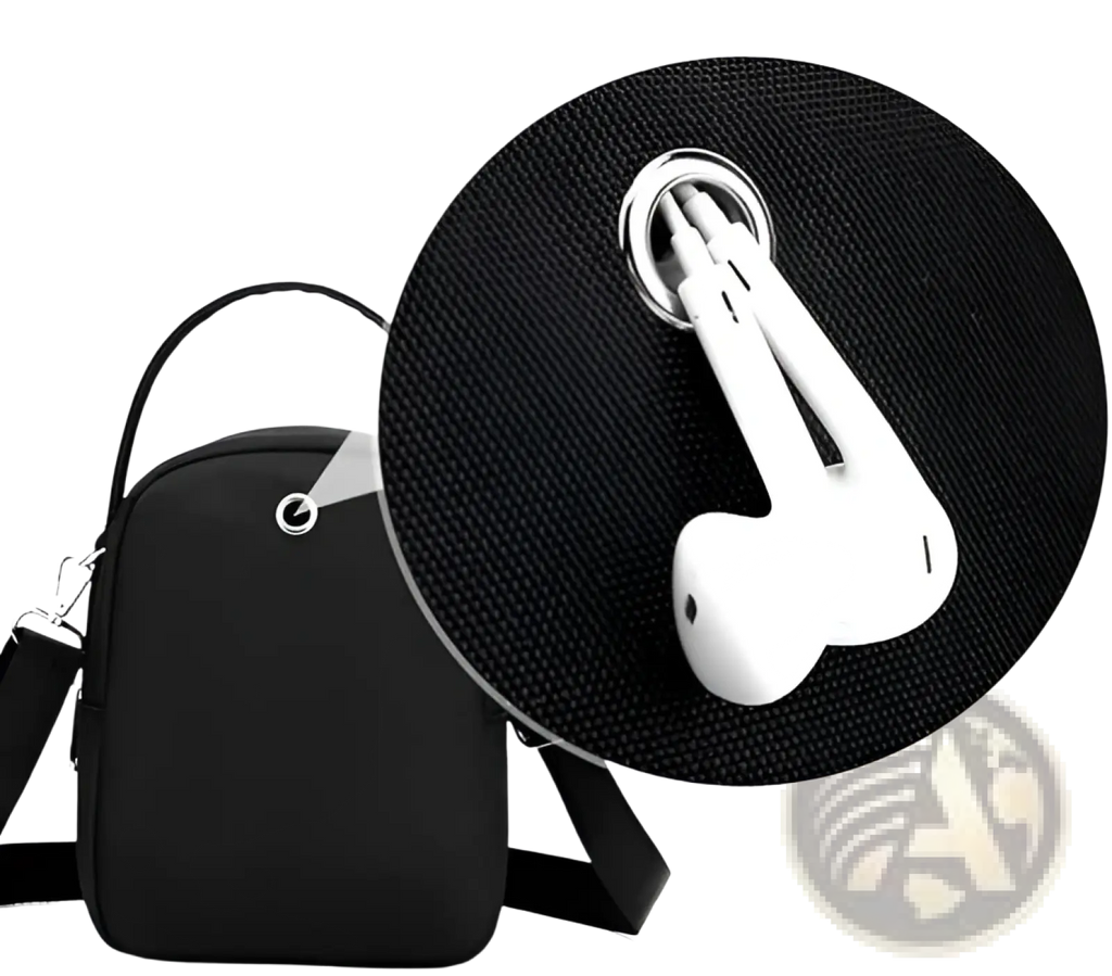 Black textured nylon multi pocket crossbody bag with earbud case attachment holding white earbuds in circular clip