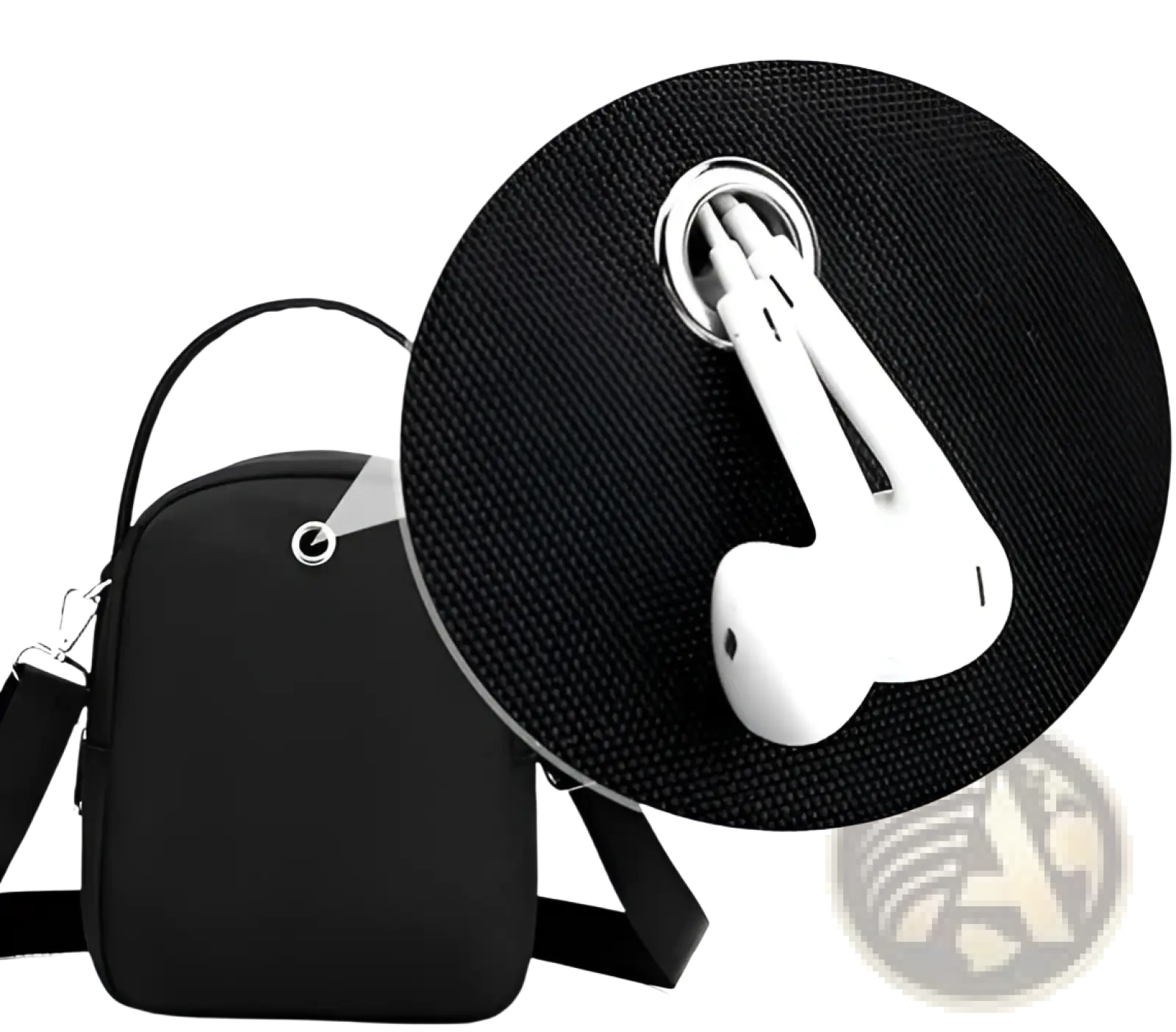 Black textured nylon multi pocket crossbody bag with earbud case attachment holding white earbuds in circular clip