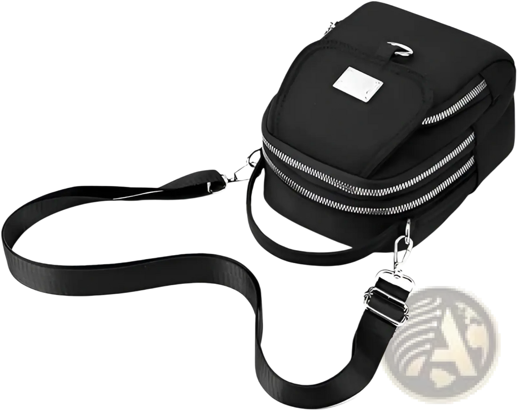 Black nylon multi pocket crossbody bag with silver zippers and metallic logo patch featuring earbud case attachment