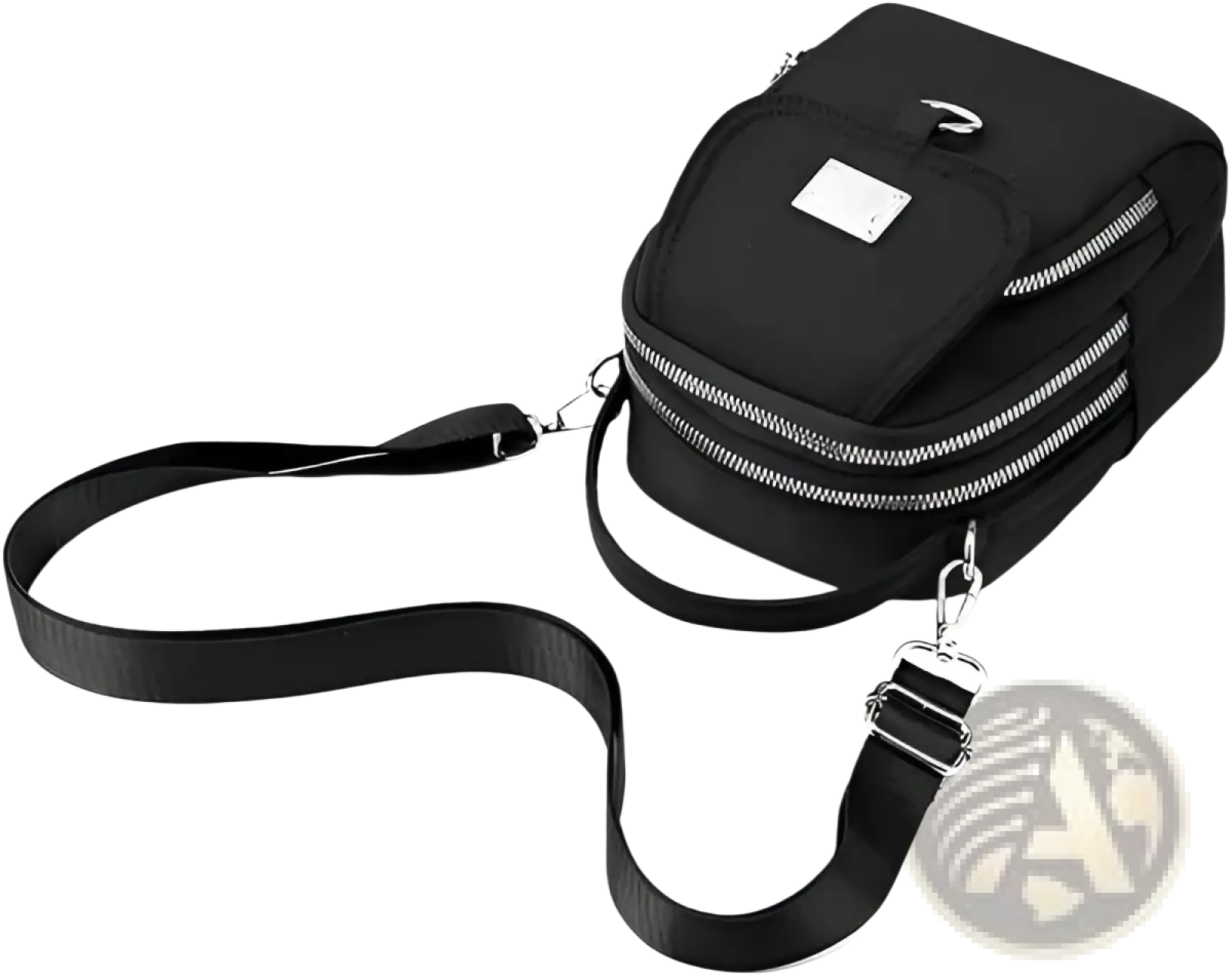 Black nylon multi pocket crossbody bag with silver zippers and metallic logo patch featuring earbud case attachment