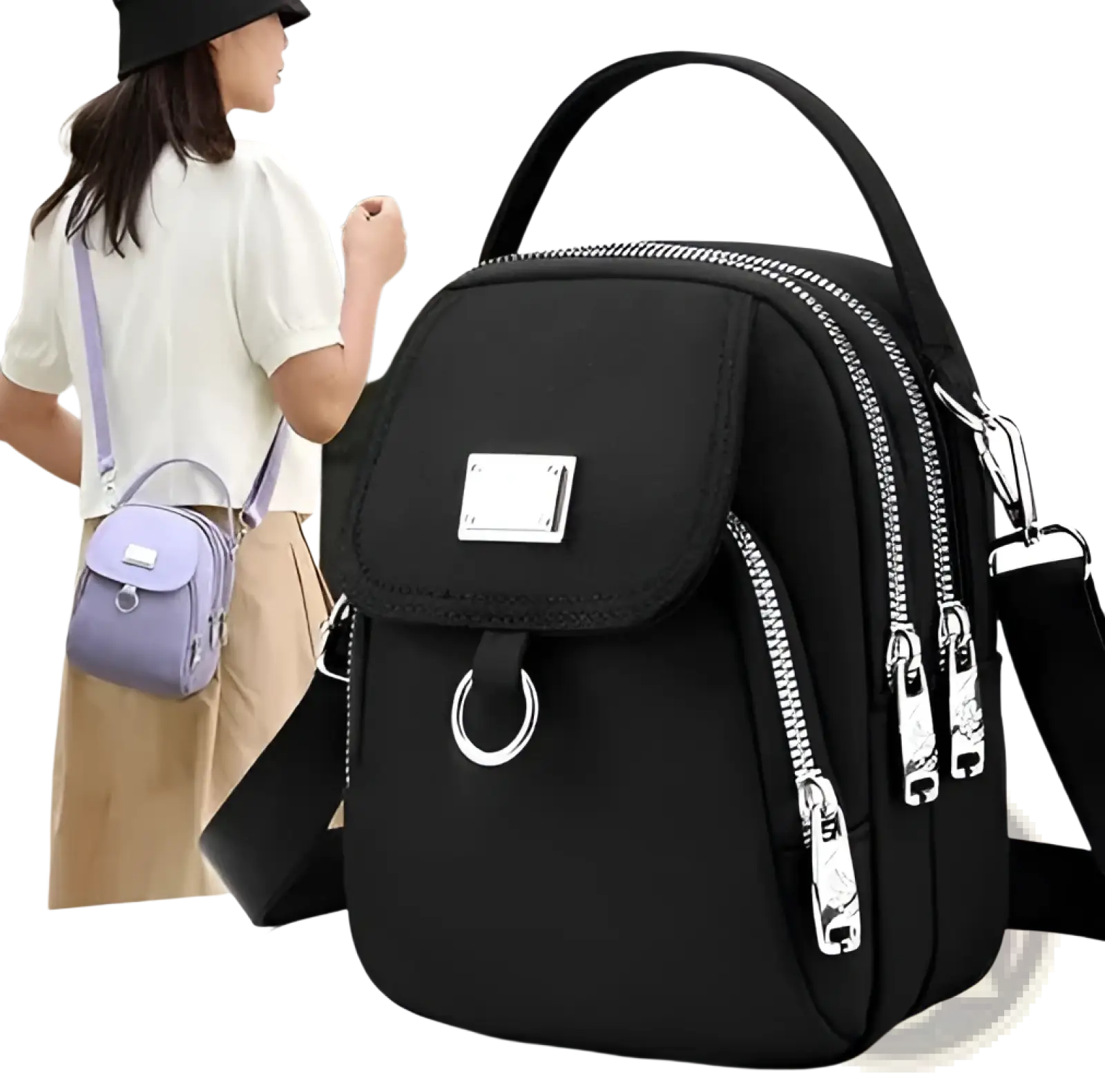 Black nylon multi pocket crossbody bag with silver zippers and earbud case attachment with metallic plate
