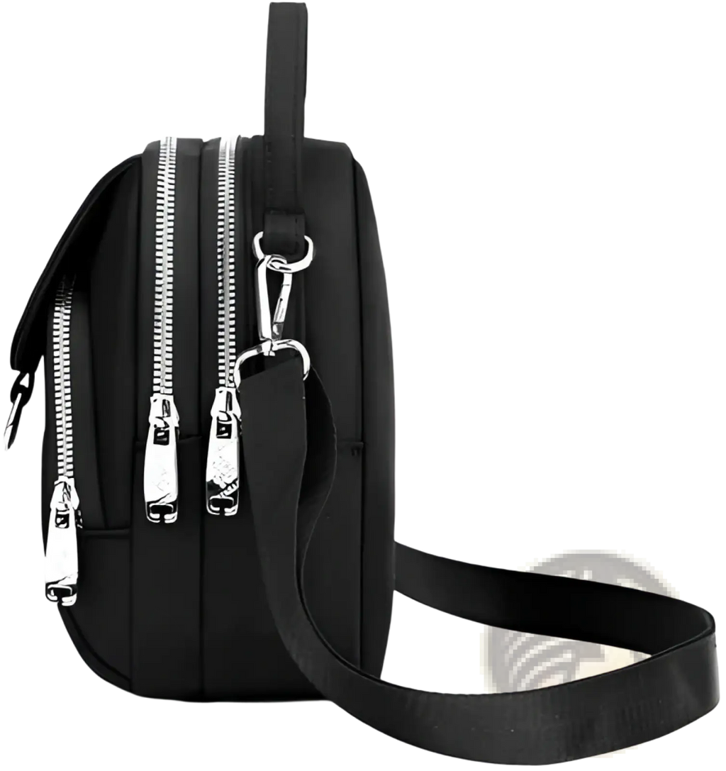 Black nylon multi pocket crossbody bag with silver zippers detachable strap and earbud case attachment