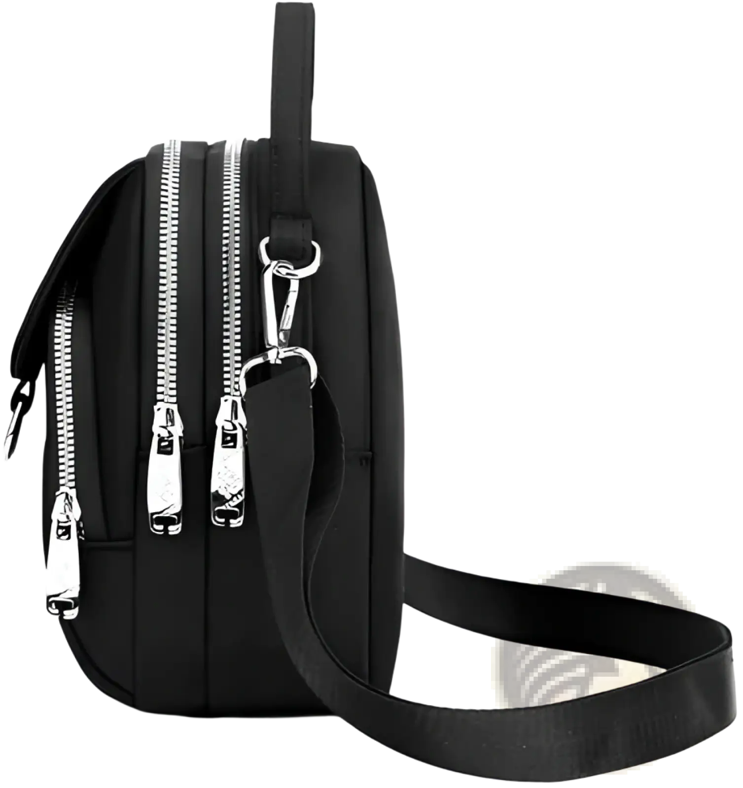 Black nylon multi pocket crossbody bag with silver zippers detachable strap and earbud case attachment