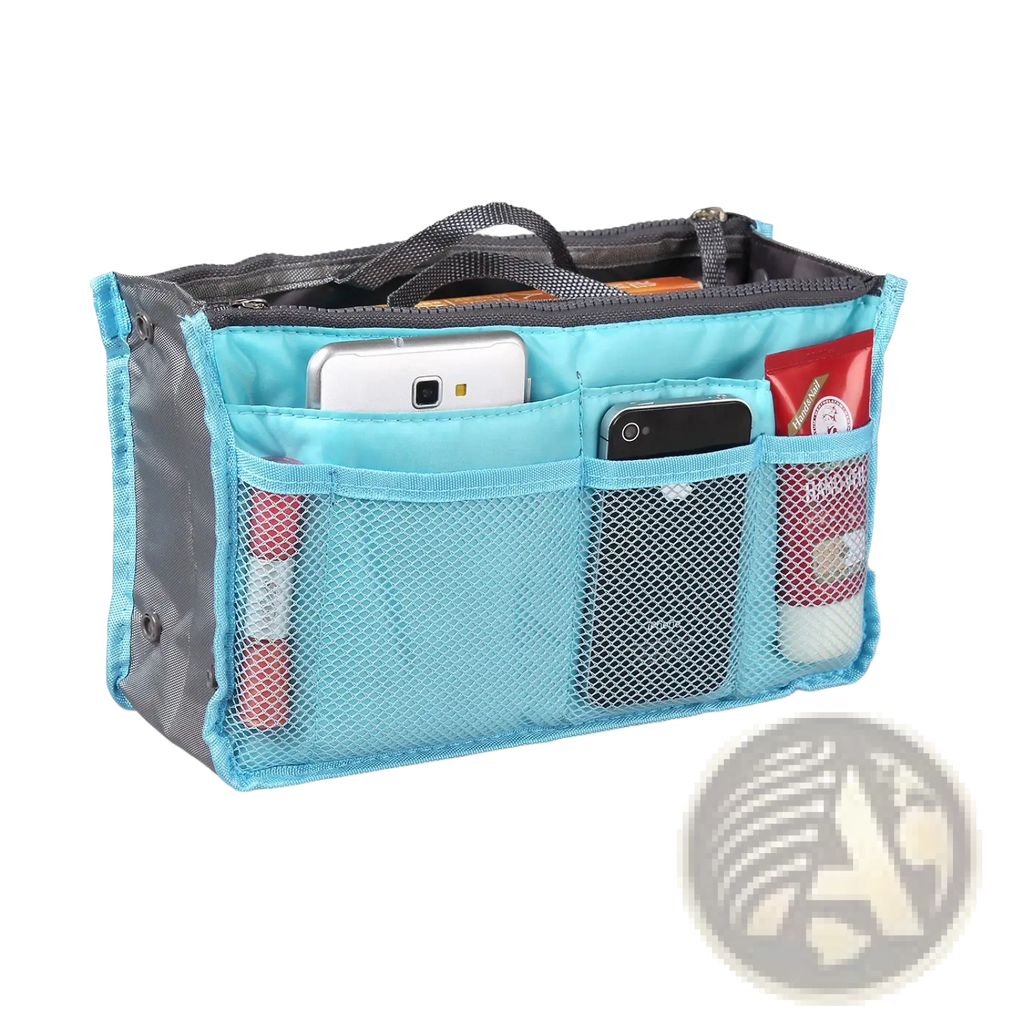 Multi-pocket nylon handbag organizer in light blue mesh with gray accents and dual zippers for storing phones and cosmetics