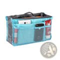 Multi-pocket nylon handbag organizer in light blue mesh with gray accents and dual zippers for storing phones and cosmetics