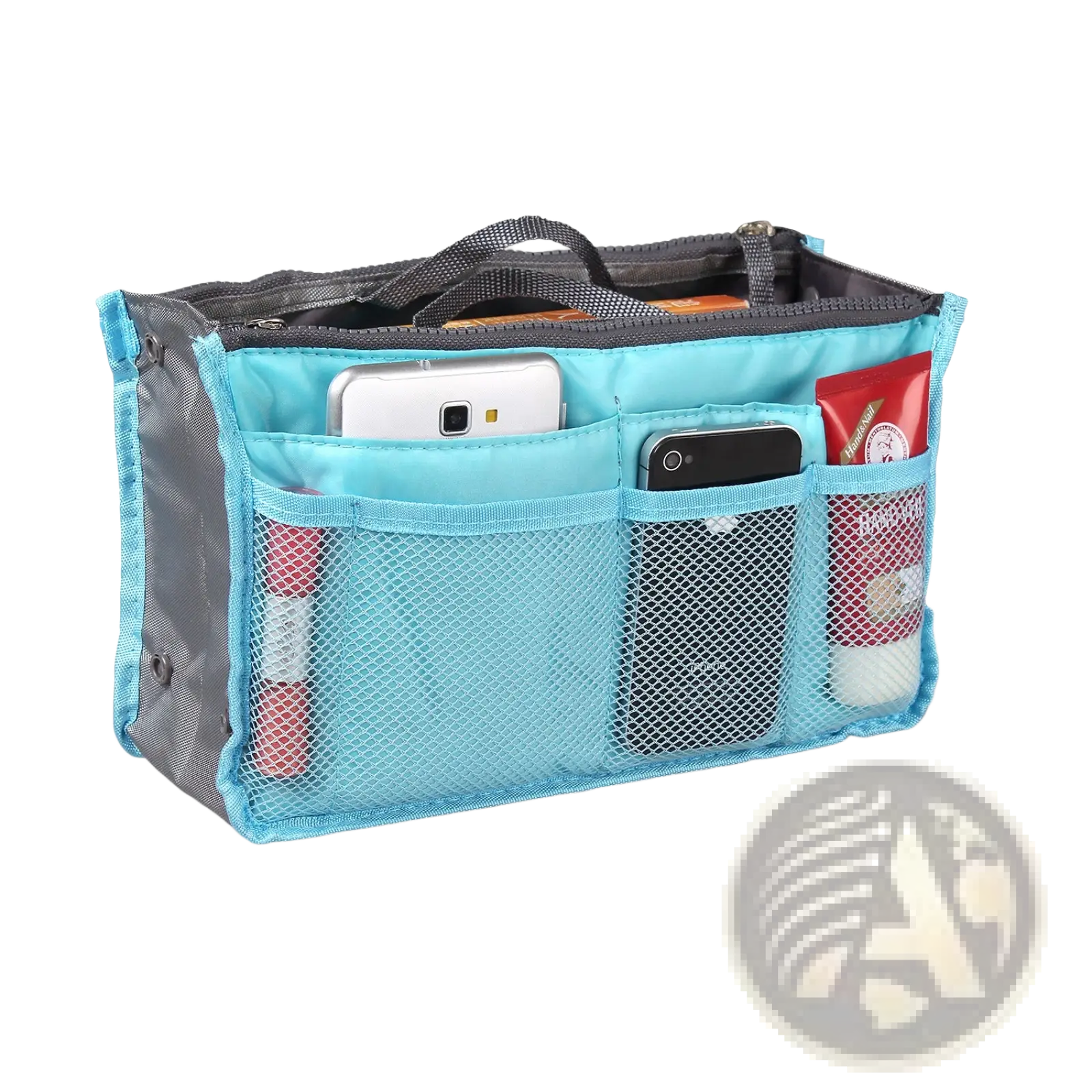 Multi-pocket nylon handbag organizer in light blue mesh with gray accents and dual zippers for storing phones and cosmetics