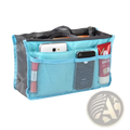 Light blue mesh multi pocket nylon handbag organizer with gray fabric sides black handle for phones and essentials storage