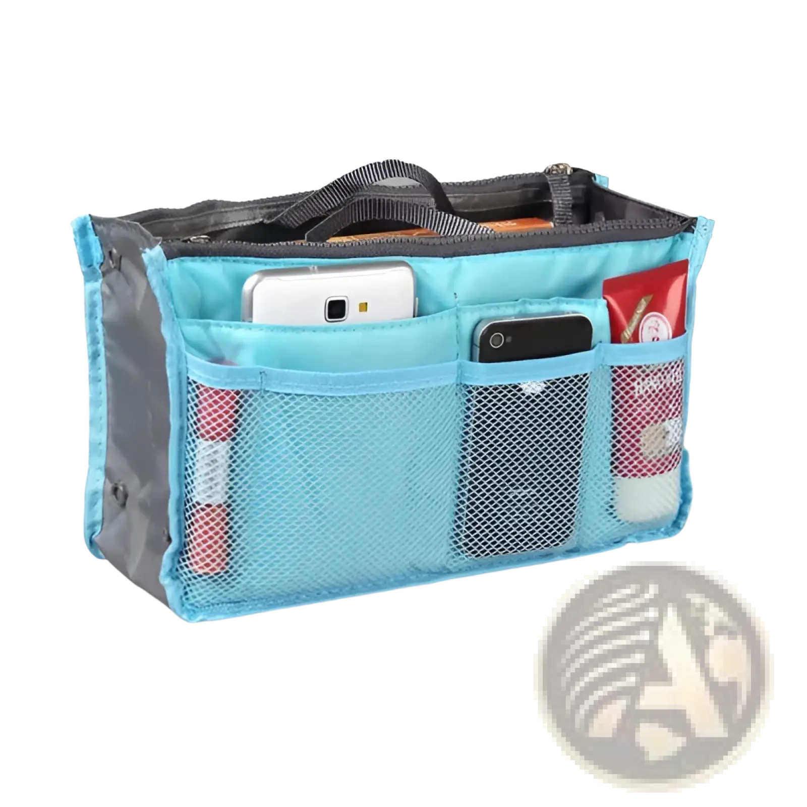 Light blue mesh multi pocket nylon handbag organizer with gray fabric sides black handle for phones and essentials storage