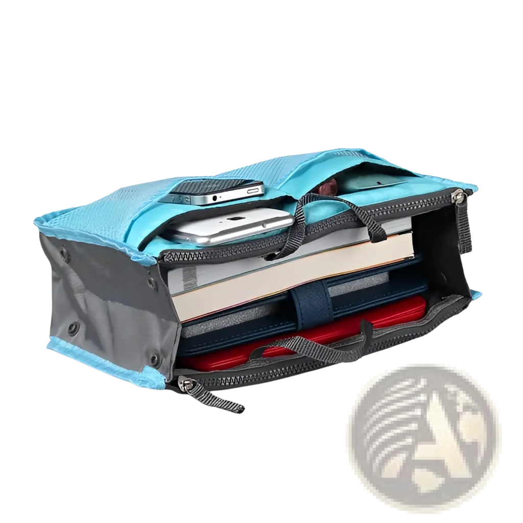 Multi pocket nylon handbag organizer in turquoise and gray with dual zippers and compartments for phones and notebooks