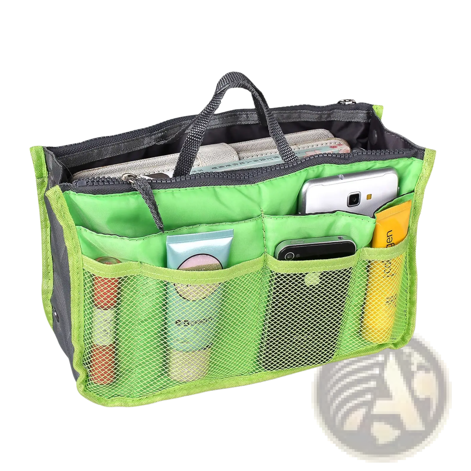 Bright green mesh multi-pocket nylon handbag organizer with black trim and dual zippers for cosmetics and electronics