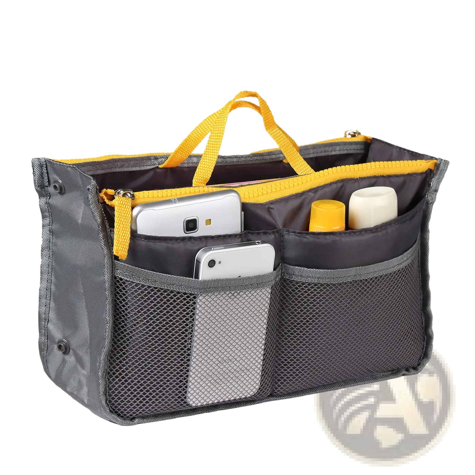 Multi-pocket nylon handbag organizer in gray mesh with yellow dual zippers and handles for phones and small items