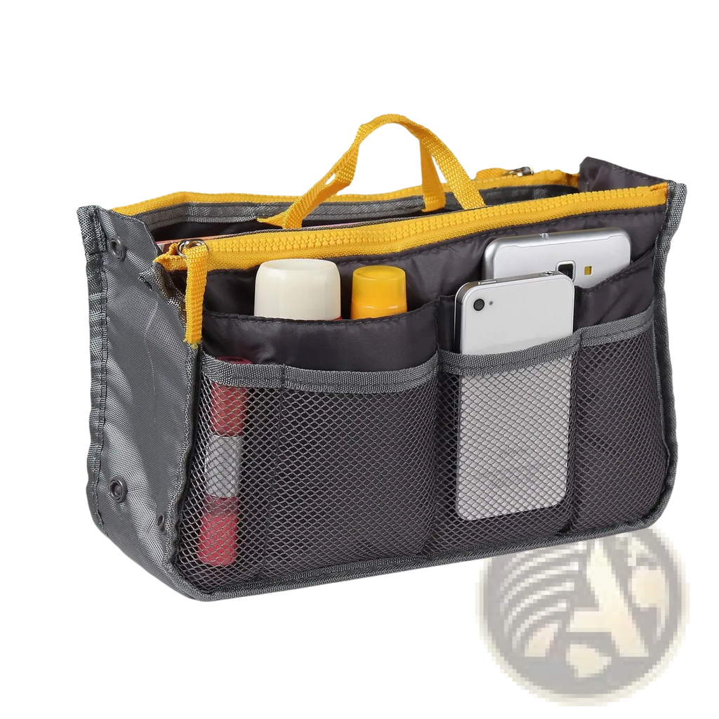 Black mesh multi-pocket nylon handbag organizer with yellow zipper and handles for carrying small essentials