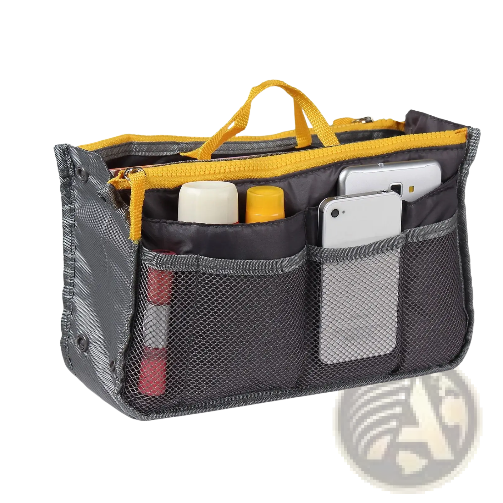 Black mesh multi-pocket nylon handbag organizer with yellow zipper and handles for carrying small essentials