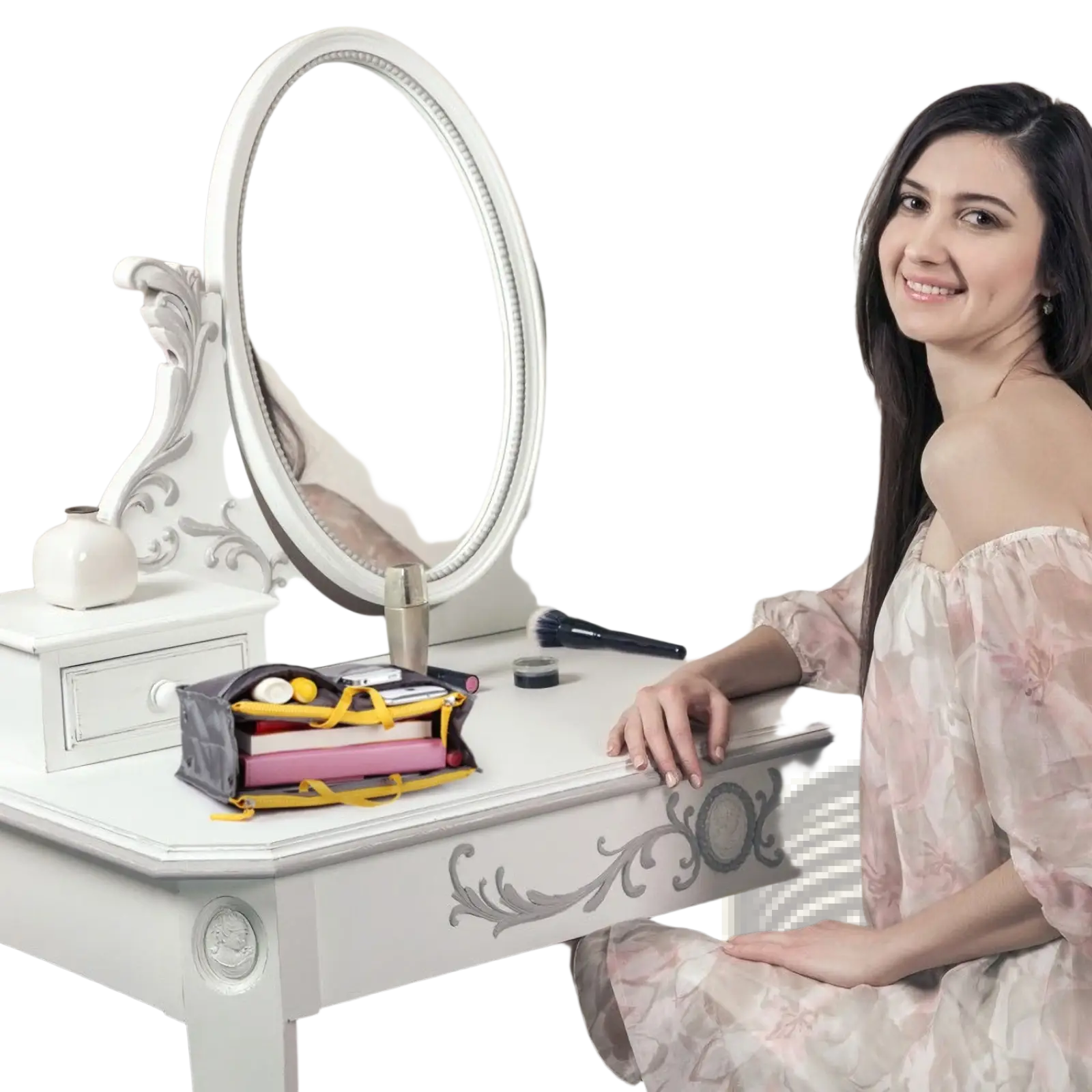 White ornate vanity mirror with silver decorative trim shown beside multi-pocket nylon handbag organizer with dual zippers