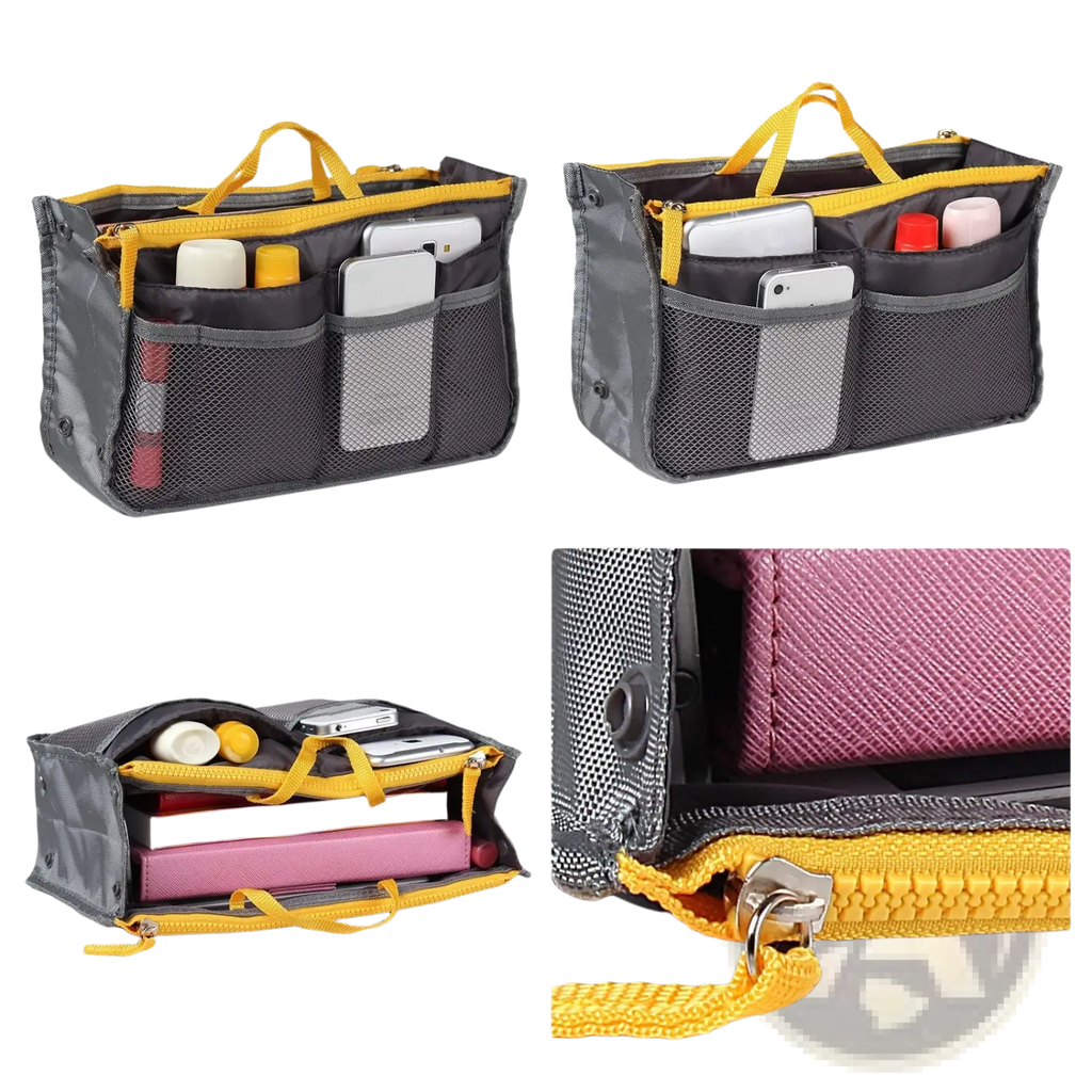 Multi-pocket nylon handbag organizer in gray and yellow with mesh pockets, zipper closure, and sturdy handles
