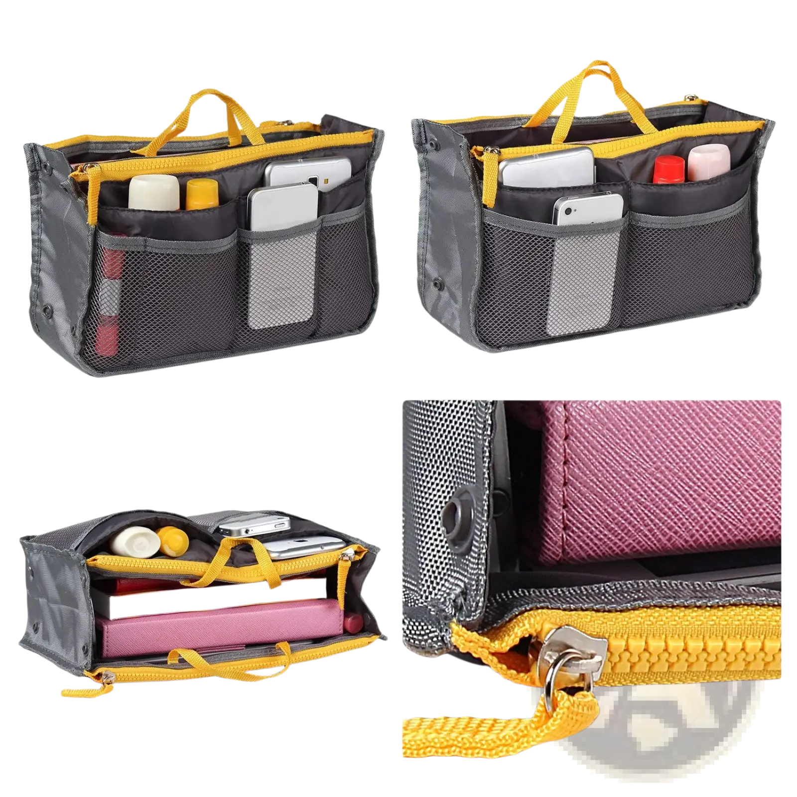 Multi-pocket nylon handbag organizer in gray and yellow with mesh pockets, zipper closure, and sturdy handles