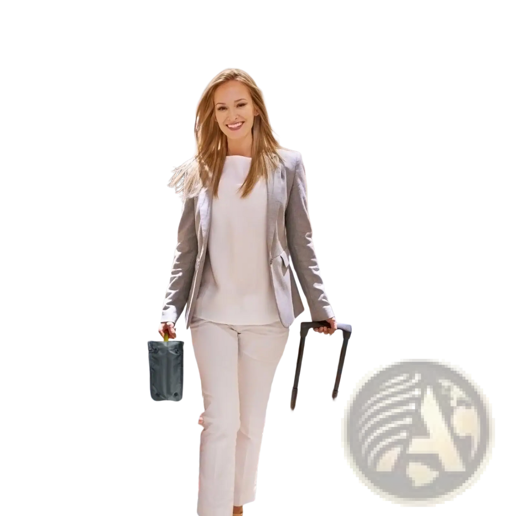 Black multi-pocket nylon handbag organizer with dual zippers shown on the back side attached to a rolling suitcase