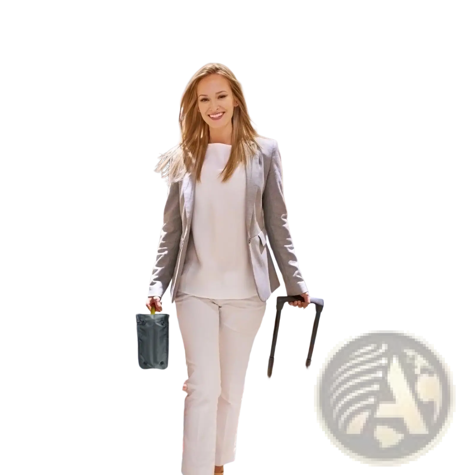 Black multi-pocket nylon handbag organizer with dual zippers shown on the back side attached to a rolling suitcase