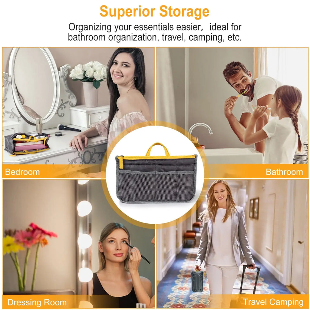 Gray mesh multi-pocket nylon handbag organizer with dual yellow zippers and handle designed for bathroom or travel use