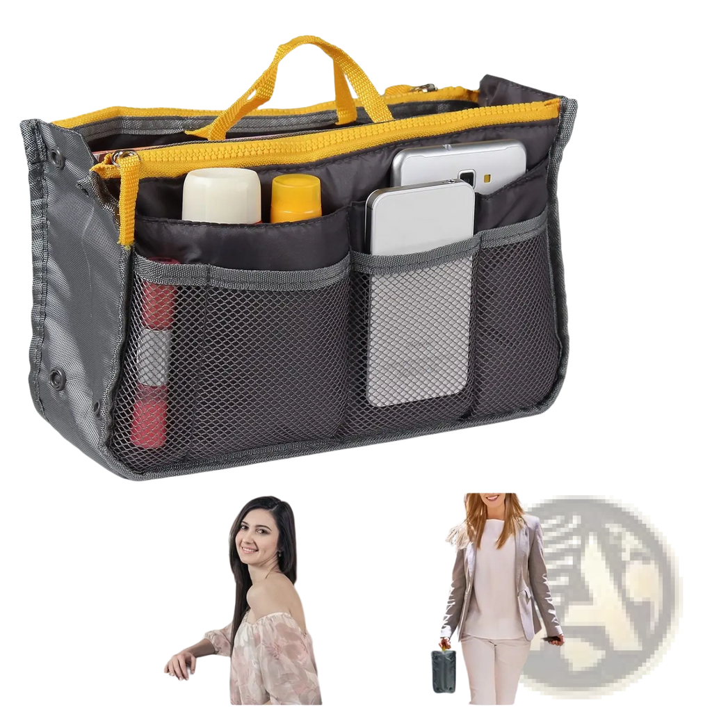 Multi-pocket nylon handbag organizer in gray mesh with yellow zipper and 13 compartments for travel or daily use