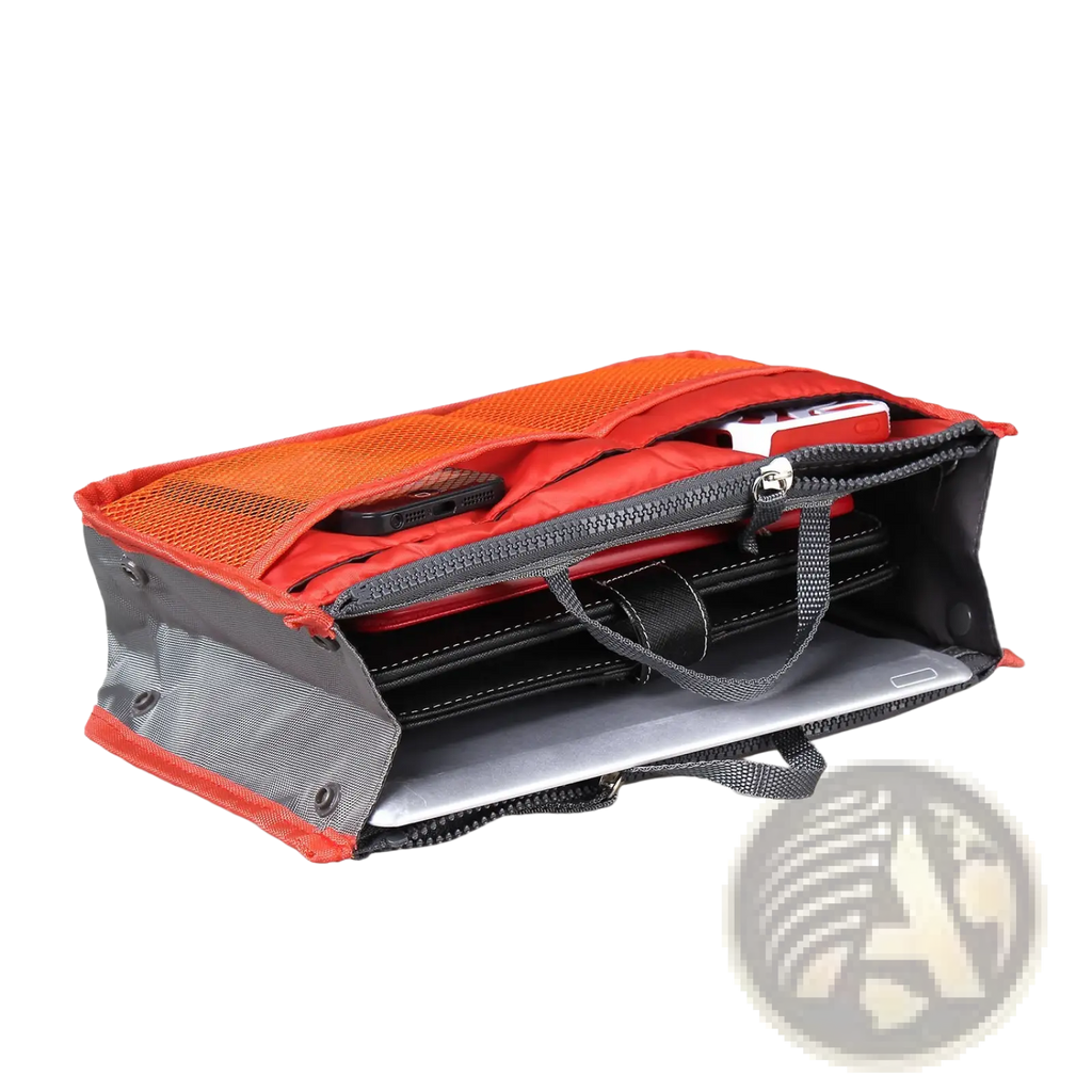 Multi-pocket nylon handbag organizer in orange and black mesh with dual zippers and compartments for laptop and phone accessories