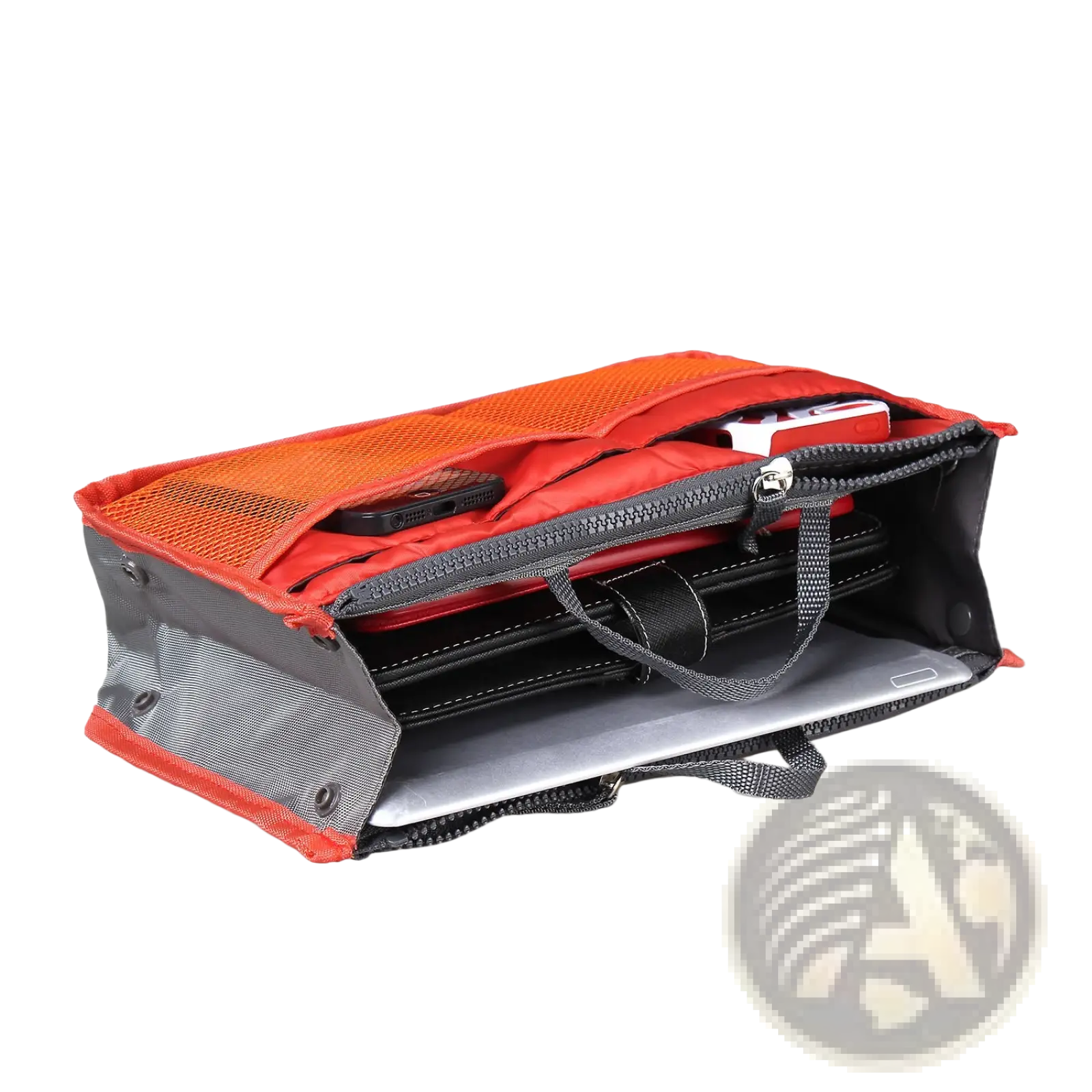 Multi-pocket nylon handbag organizer in orange and black mesh with dual zippers and compartments for laptop and phone accessories