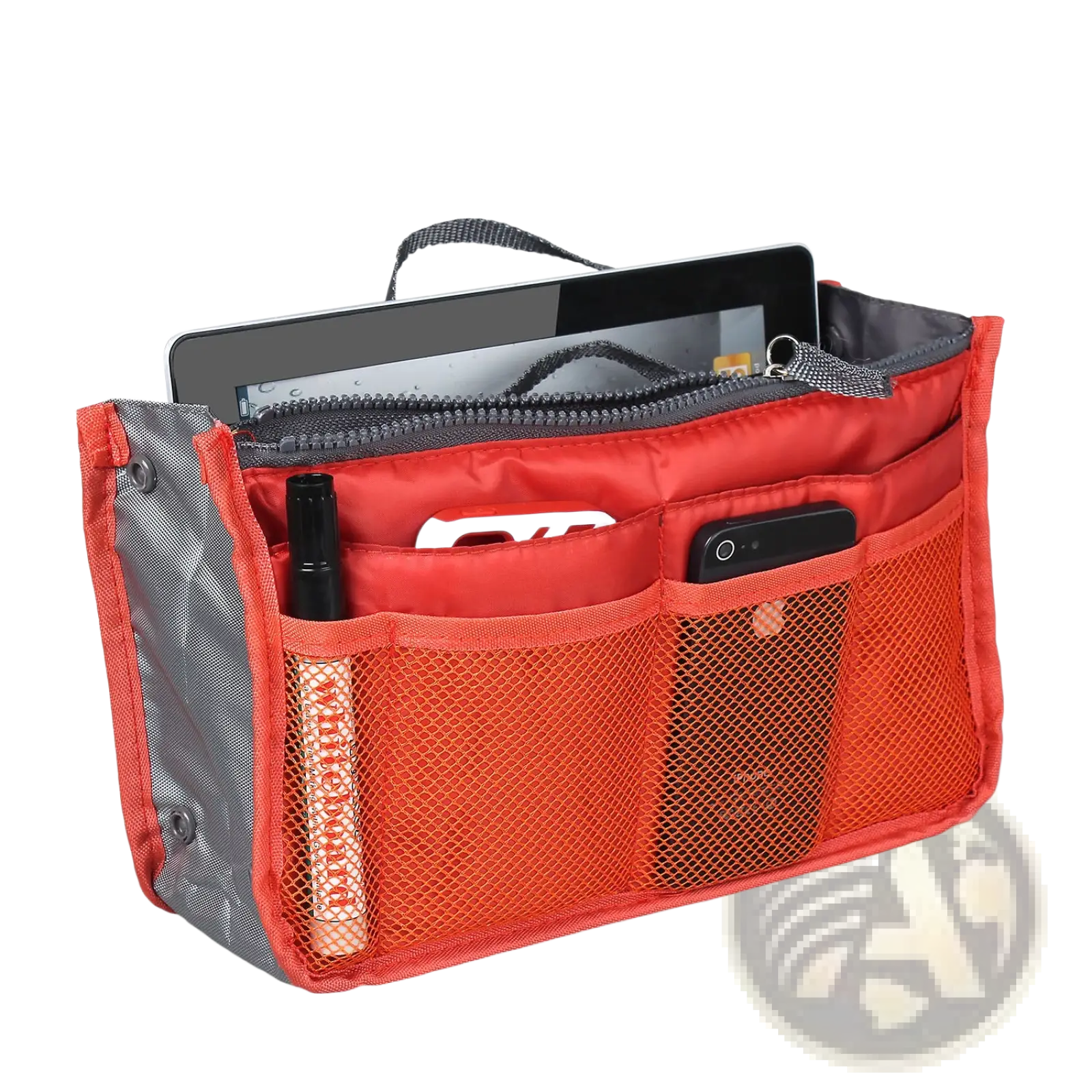 Multi-pocket nylon handbag organizer in red and gray mesh with dual zippers and compartments for tablet phone and pen