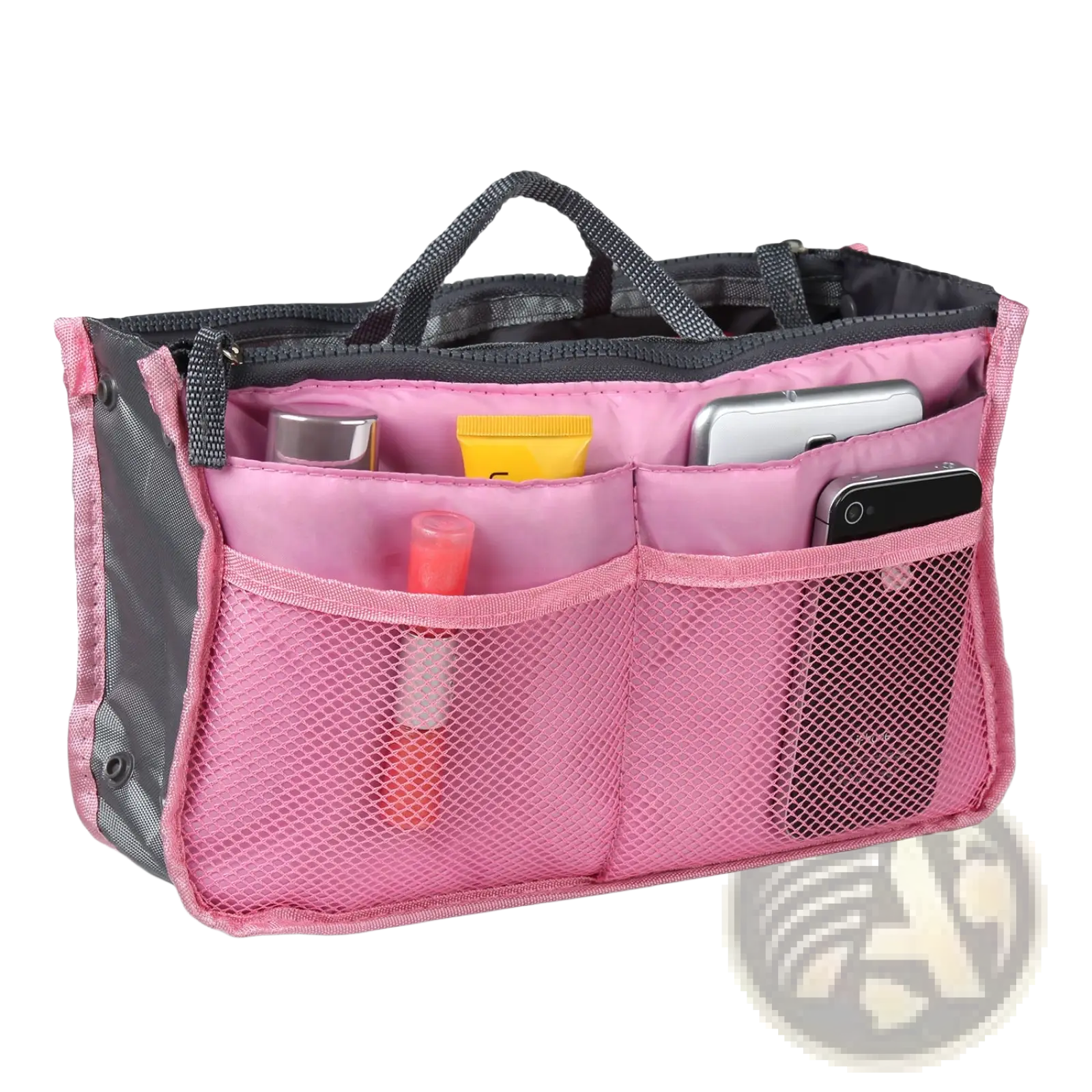 Multi-pocket nylon handbag organizer in pink mesh with black trim and dual zippers for cosmetics and electronics storage